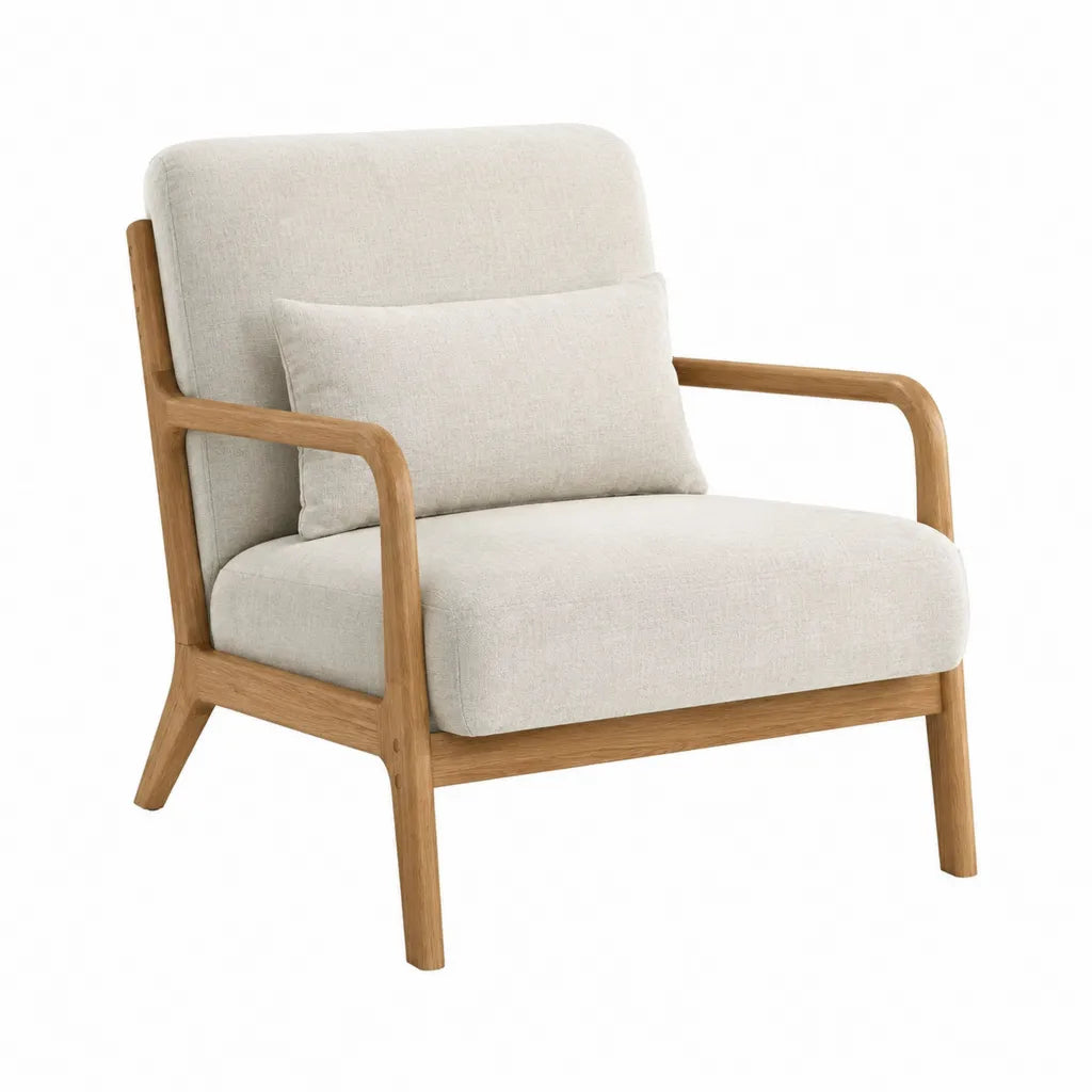 Sessel mit Armlehnen aus massivem Eichenholz mit Polyesterbezug in Creme 72 x 78 x 82 cm