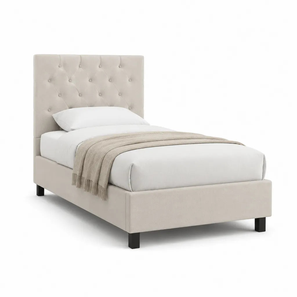 Polsterbett Einzelbett 90 x 200 cm mit gepolstertem Kopfteil aus Polyester Beige
