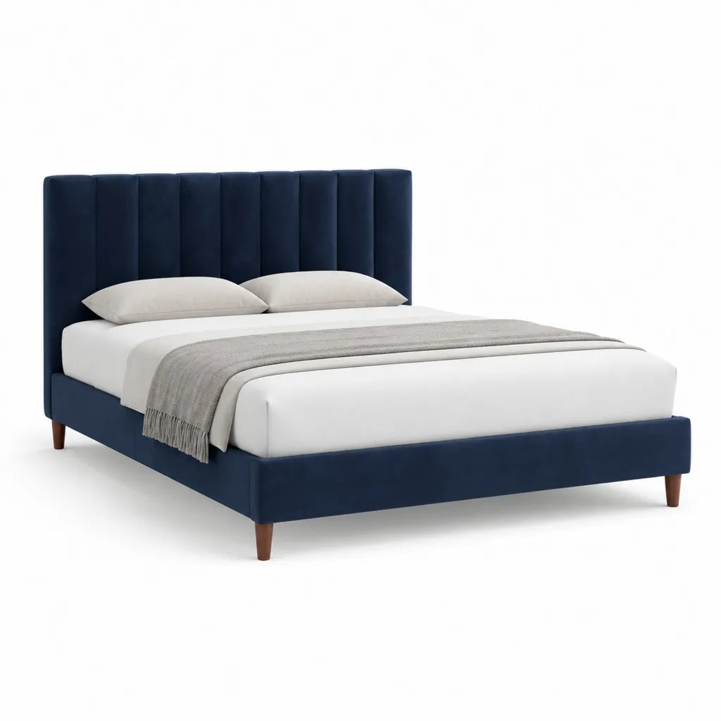 Polsterbett Doppelbett 160 x 200 cm Samt rechteckig dunkelblau mit gepolstertem Kopfteil