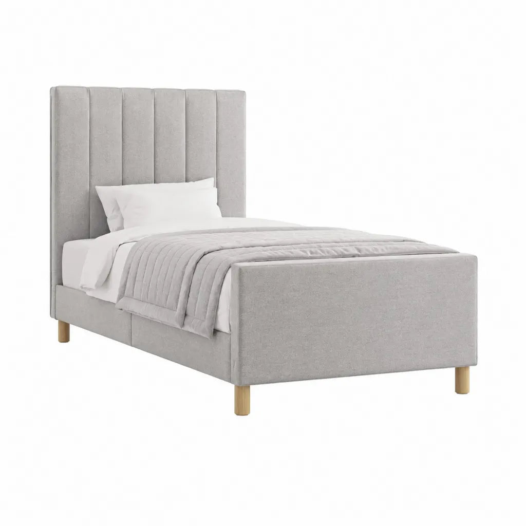 Polsterbett Einzelbett 100 x 200 cm mit hohem Kopfteil aus Polyester Hellgrau