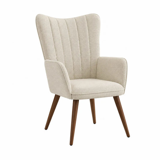 Ohrensessel mit Armlehnen Polyesterbezug und Massivholzbeinen in Creme 67 x 75 x 103 cm