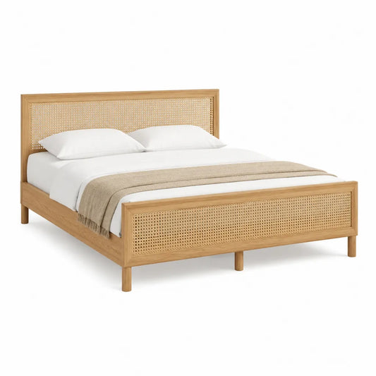 Doppelbett Bettgestell 160 x 200 cm aus Gummibaum-Massivholz mit Rattan rechteckig Natur