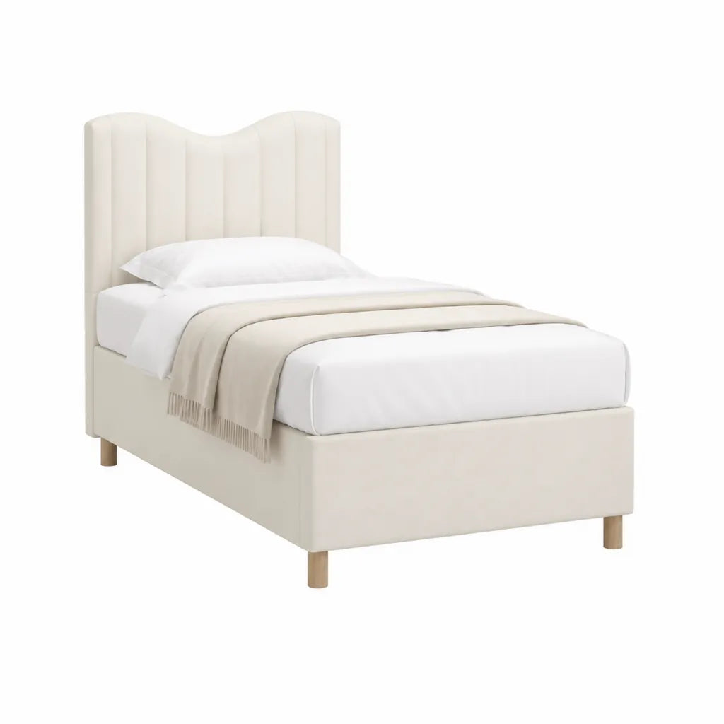 Einzelbett Polsterbett 90 x 200 cm mit gepolstertem Kopfteil aus Polyester-Samt Creme