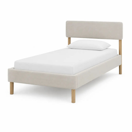 Polsterbett Einzelbett 90 x 200 cm mit gepolstertem Kopfteil Holzfüßen Creme