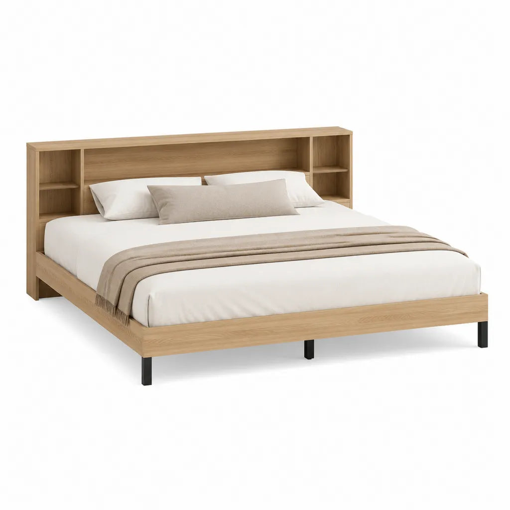 Doppelbett Bettgestell 160 x 200 cm mit Regal-Kopfteil aus Spanplatte rechteckig Eiche Schwarz