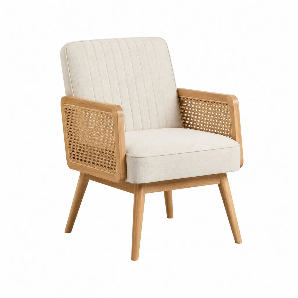 Sessel mit Armlehnen aus massivem Gummibaumholz Rattan und Polyester in Natur Beige 65 x 75 x 83 cm
