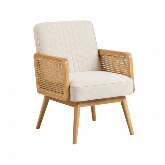 Sessel mit Armlehnen aus massivem Gummibaumholz Rattan und Polyester in Natur Beige 65 x 75 x 83 cm