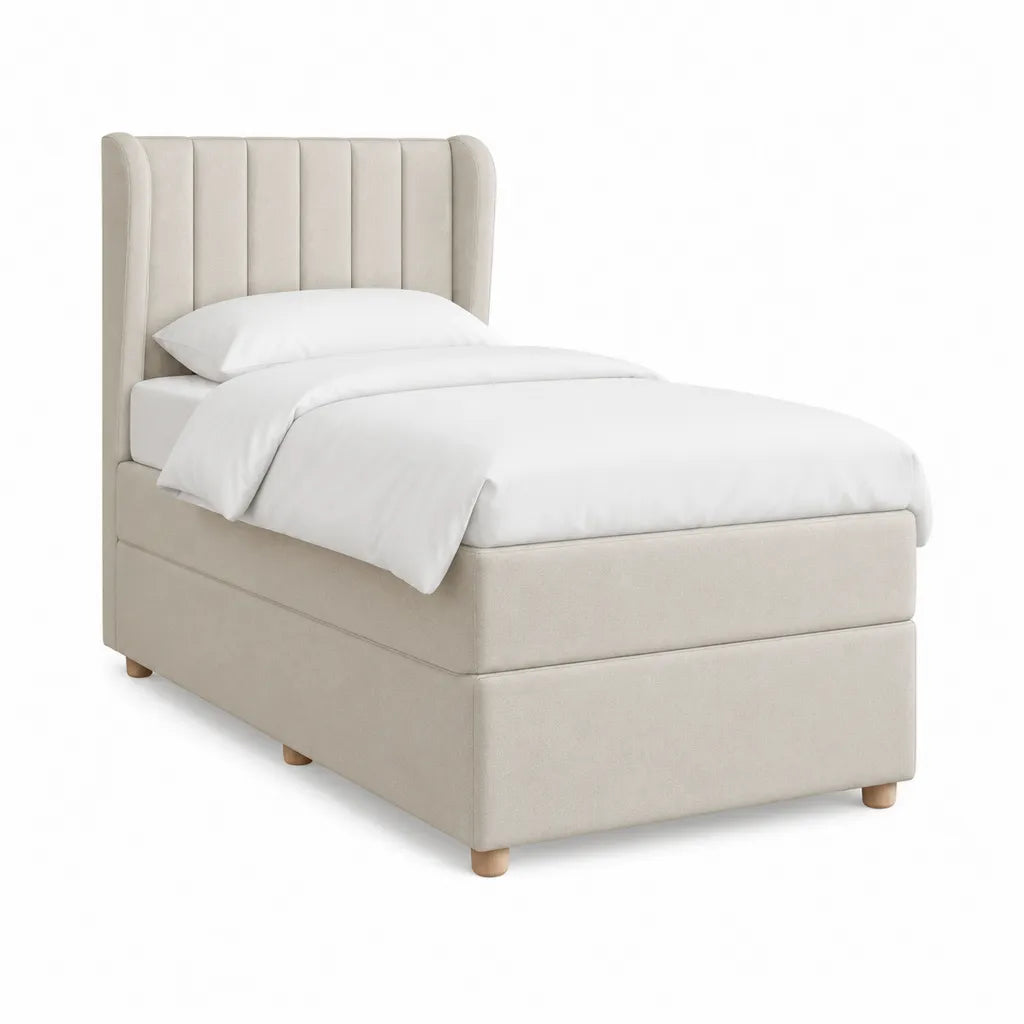 Polsterbett Einzelbett 90 x 200 cm mit gepolstertem Kopfteil aus Polyester-Samt Creme