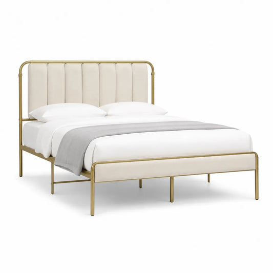 Polsterbett Doppelbettgestell 160 x 200 cm aus Stahl und Polyester in Creme Goldfarben