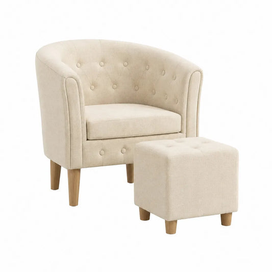 Polstersessel mit Fußhocker Polyesterbezug rund Creme 73 x 76 x 81 cm