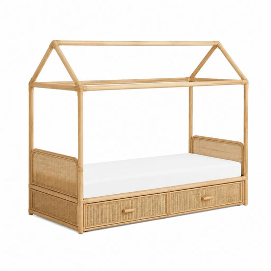 Kinderhausbett 90 x 200 cm aus Bambus und Rattan Natur mit 2 Schubladen