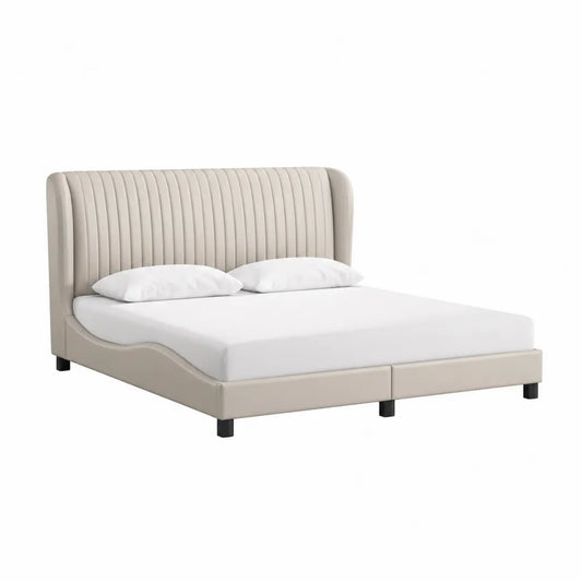 Polsterbett Doppelbett 160 x 200 cm mit gepolstertem Kopfteil in Creme aus PU-Kunstleder