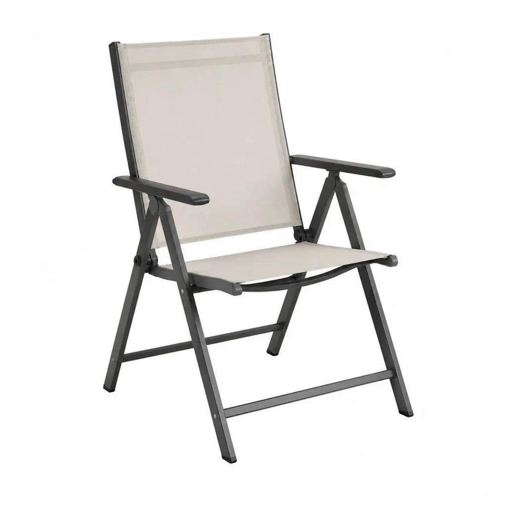 Klappbarer Gartenstuhl mit Armlehnen aus Stahl und Textilene in Anthrazit Beige 55 x 65 x 94 cm