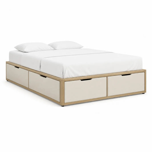 Stauraumbett Doppelbett 160 x 200 cm mit 6 Schubladen aus MDF mit Eichenfurnier Weiß Natur