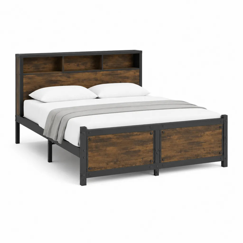 Doppelbettgestell 160 x 200 cm aus pulverbeschichtetem Stahl und MDF in Schwarz Braun mit Kopfteilregal