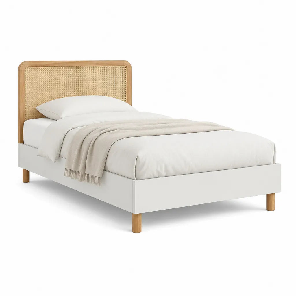 Bettgestell 90 x 200 cm mit Rattan Kopfteil Massivholz und MDF Weiß Natur